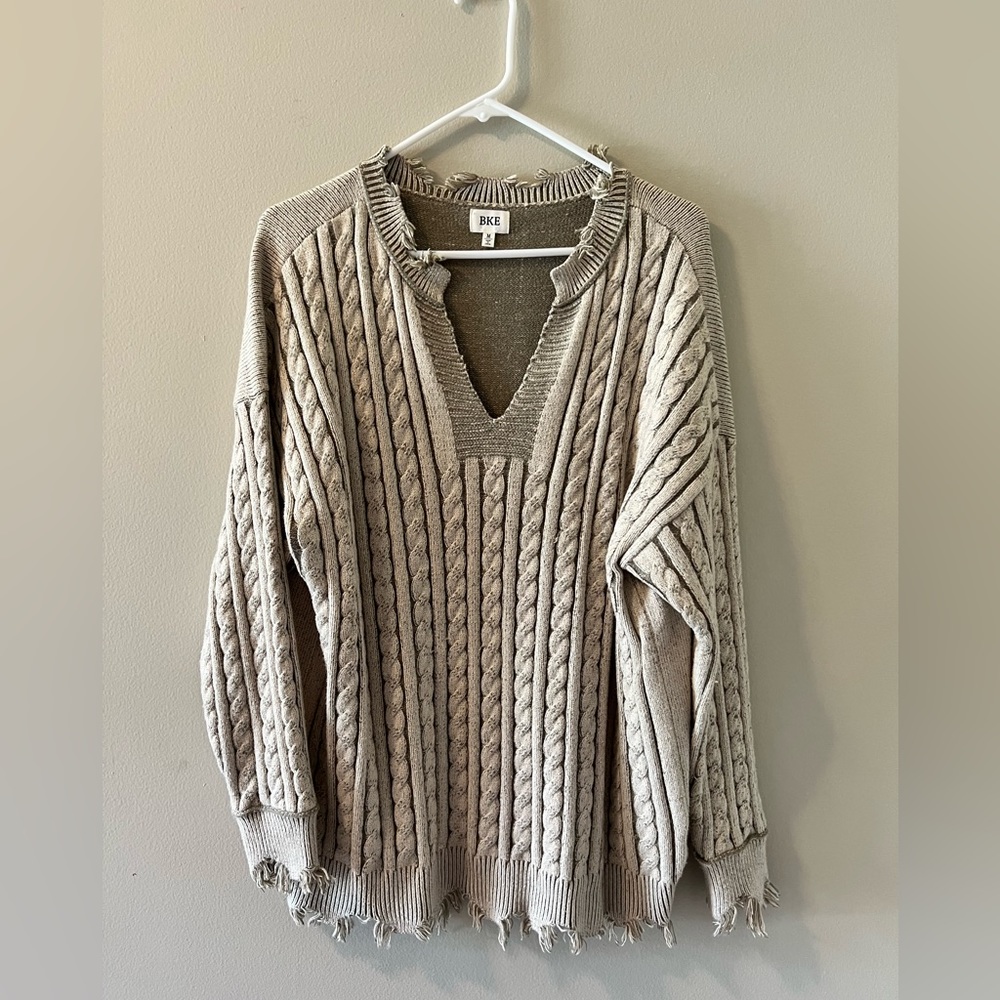 Super soft, distressed sweater by BKE.  Color pale sage green/light gray, size L